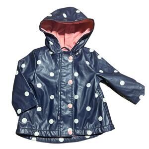 Joe Fresh Navy Polka Dot Raincoat with peach lining White Dots size 6-12 months